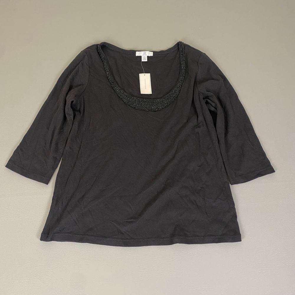 GAP Blouse Top Women's XXL Black Cotton w/ Beaded Neck Formal 3/4 Sleeve NWT